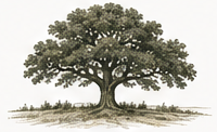 Illustration of a mature Valley Oak in an open field